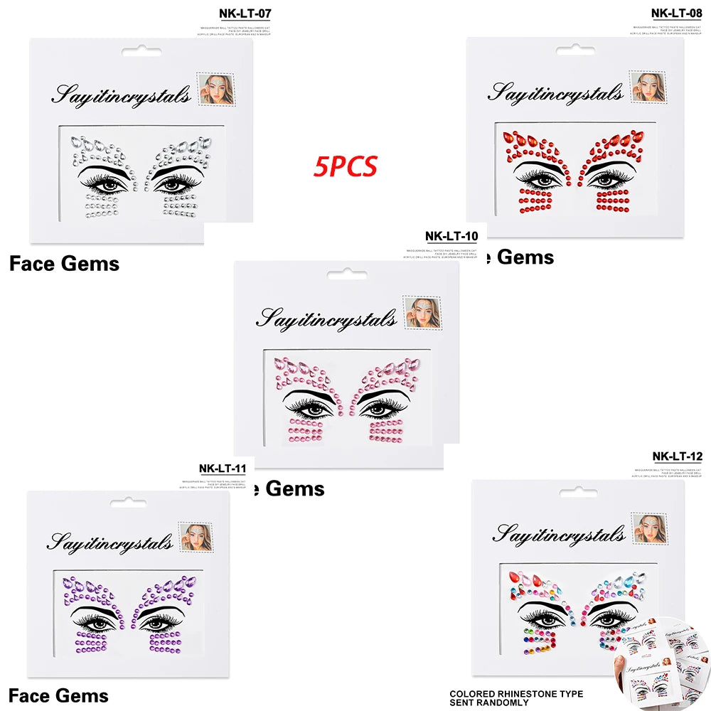5Pc Diamond Face Stickers For Child Mixed Style Colorful Glitter Crystal Face Decal 3D Self-Adhesive Face Rhinestones Small Size