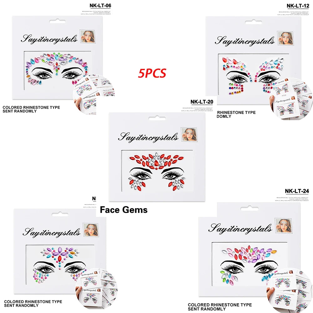 5Pc Diamond Face Stickers For Child Mixed Style Colorful Glitter Crystal Face Decal 3D Self-Adhesive Face Rhinestones Small Size
