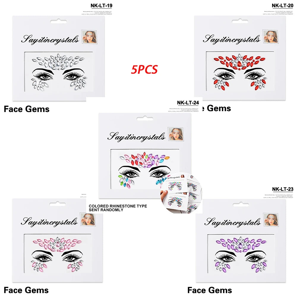 5Pc Diamond Face Stickers For Child Mixed Style Colorful Glitter Crystal Face Decal 3D Self-Adhesive Face Rhinestones Small Size