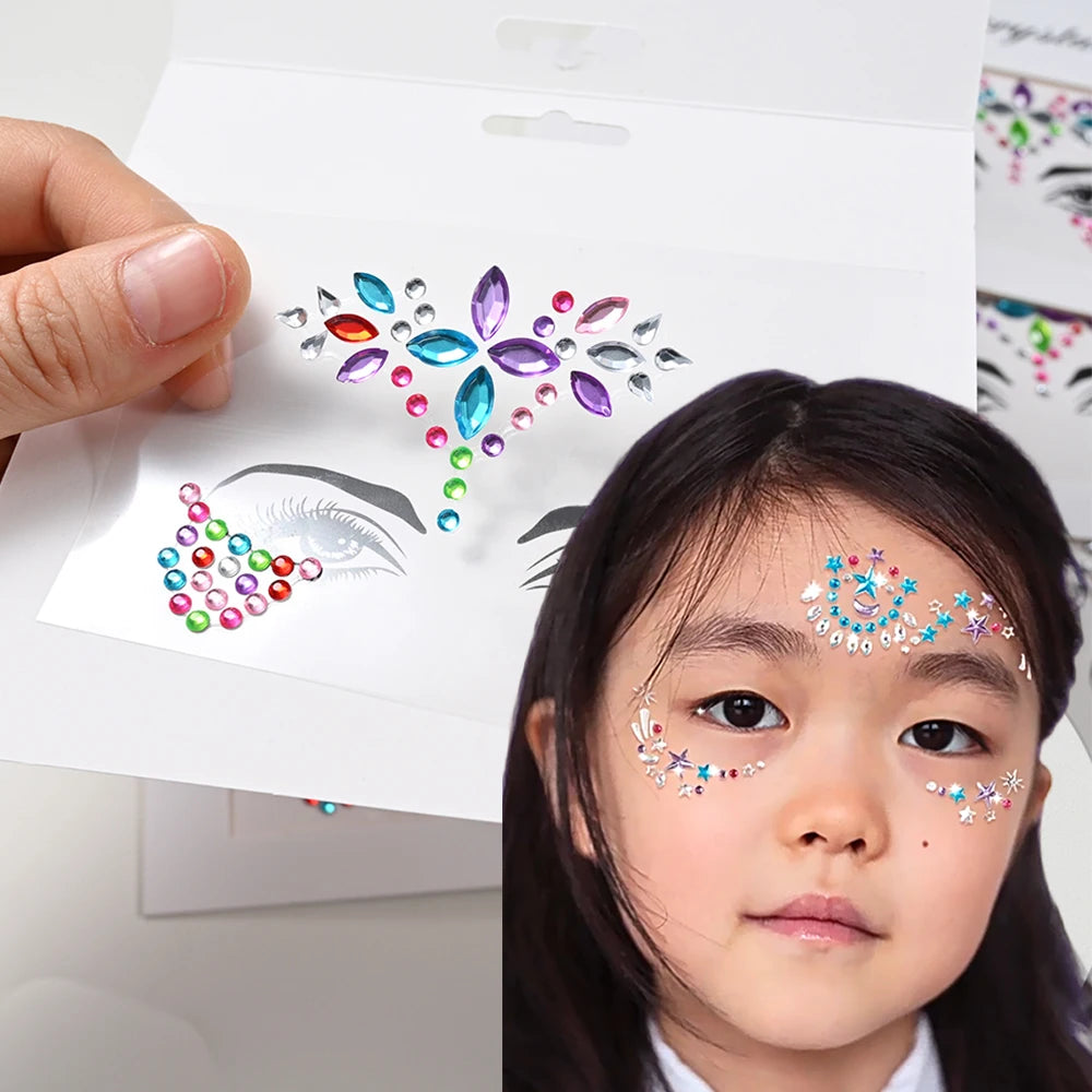 5Pc Diamond Face Stickers For Child Mixed Style Colorful Glitter Crystal Face Decal 3D Self-Adhesive Face Rhinestones Small Size