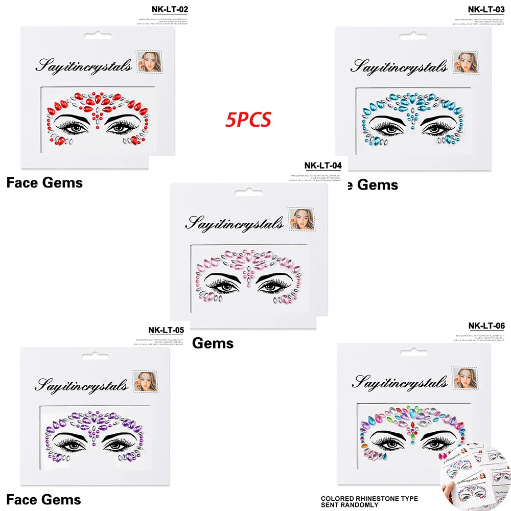 5Pc Diamond Face Stickers For Child Mixed Style Colorful Glitter Crystal Face Decal 3D Self-Adhesive Face Rhinestones Small Size