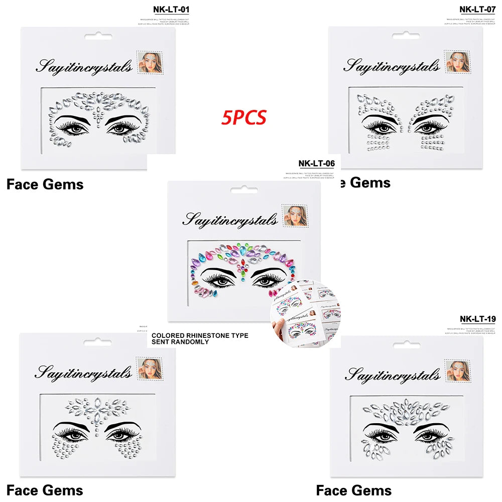 5Pc Diamond Face Stickers For Child Mixed Style Colorful Glitter Crystal Face Decal 3D Self-Adhesive Face Rhinestones Small Size