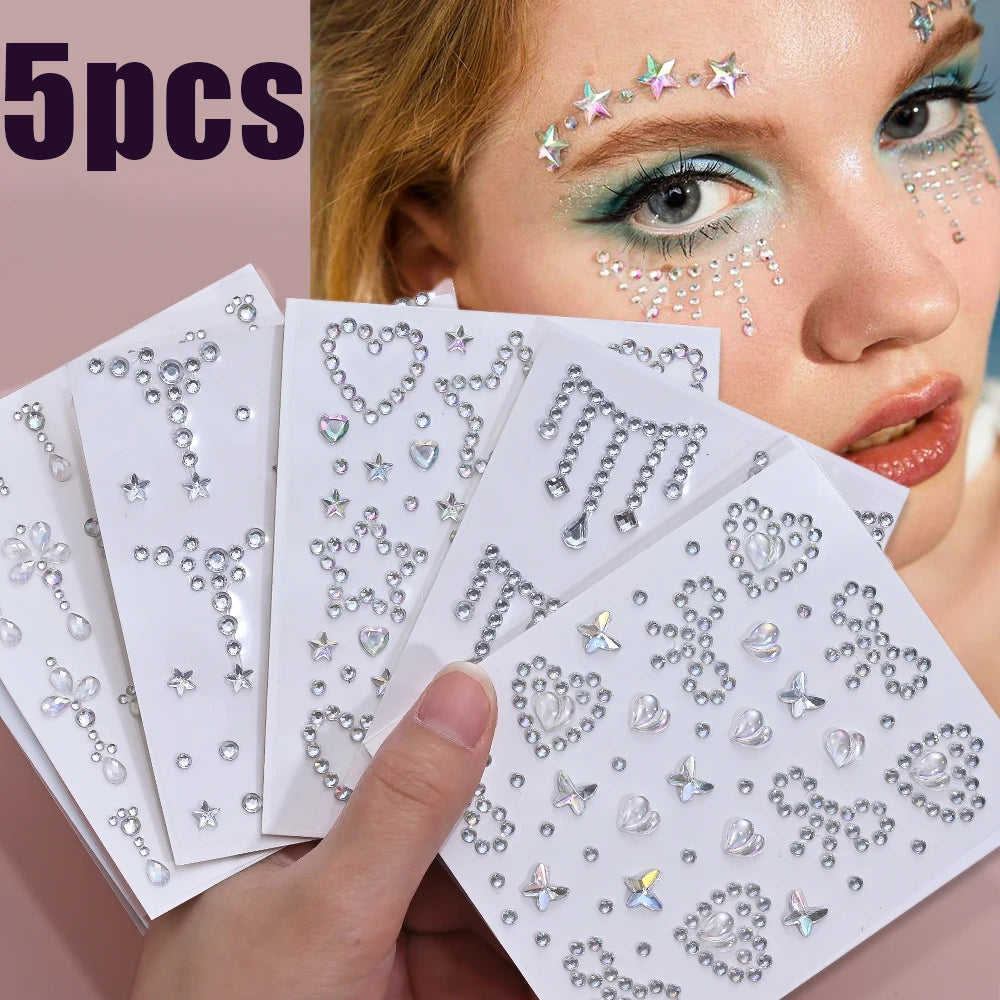 5Pc Diamond Face Stickers For Child Mixed Style Colorful Glitter Crystal Face Decal 3D Self-Adhesive Face Rhinestones Small Size