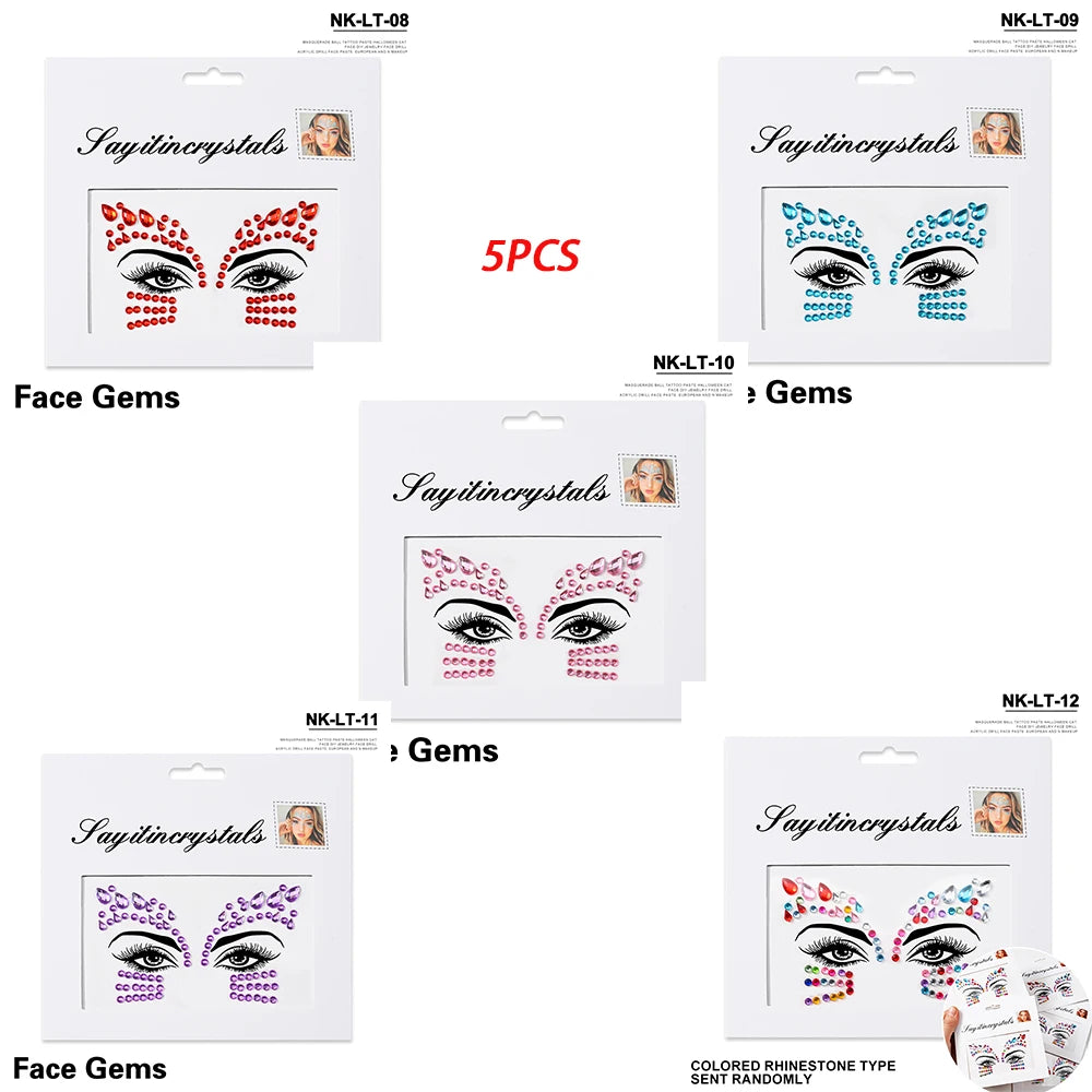 5Pc Diamond Face Stickers For Child Mixed Style Colorful Glitter Crystal Face Decal 3D Self-Adhesive Face Rhinestones Small Size