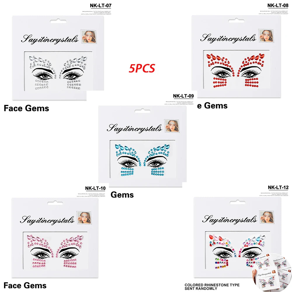 5Pc Diamond Face Stickers For Child Mixed Style Colorful Glitter Crystal Face Decal 3D Self-Adhesive Face Rhinestones Small Size