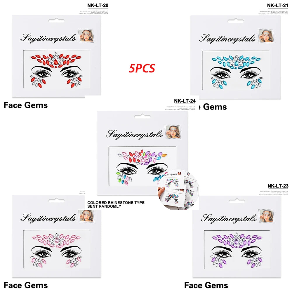 5Pc Diamond Face Stickers For Child Mixed Style Colorful Glitter Crystal Face Decal 3D Self-Adhesive Face Rhinestones Small Size