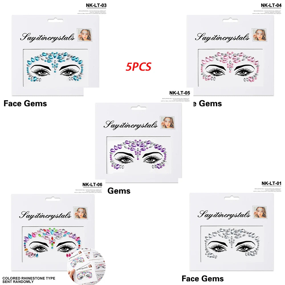 5Pc Diamond Face Stickers For Child Mixed Style Colorful Glitter Crystal Face Decal 3D Self-Adhesive Face Rhinestones Small Size