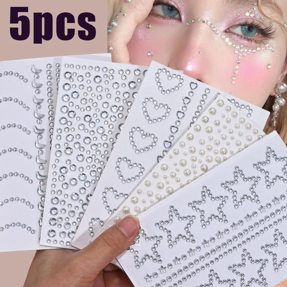 5Pc Diamond Face Stickers For Child Mixed Style Colorful Glitter Crystal Face Decal 3D Self-Adhesive Face Rhinestones Small Size