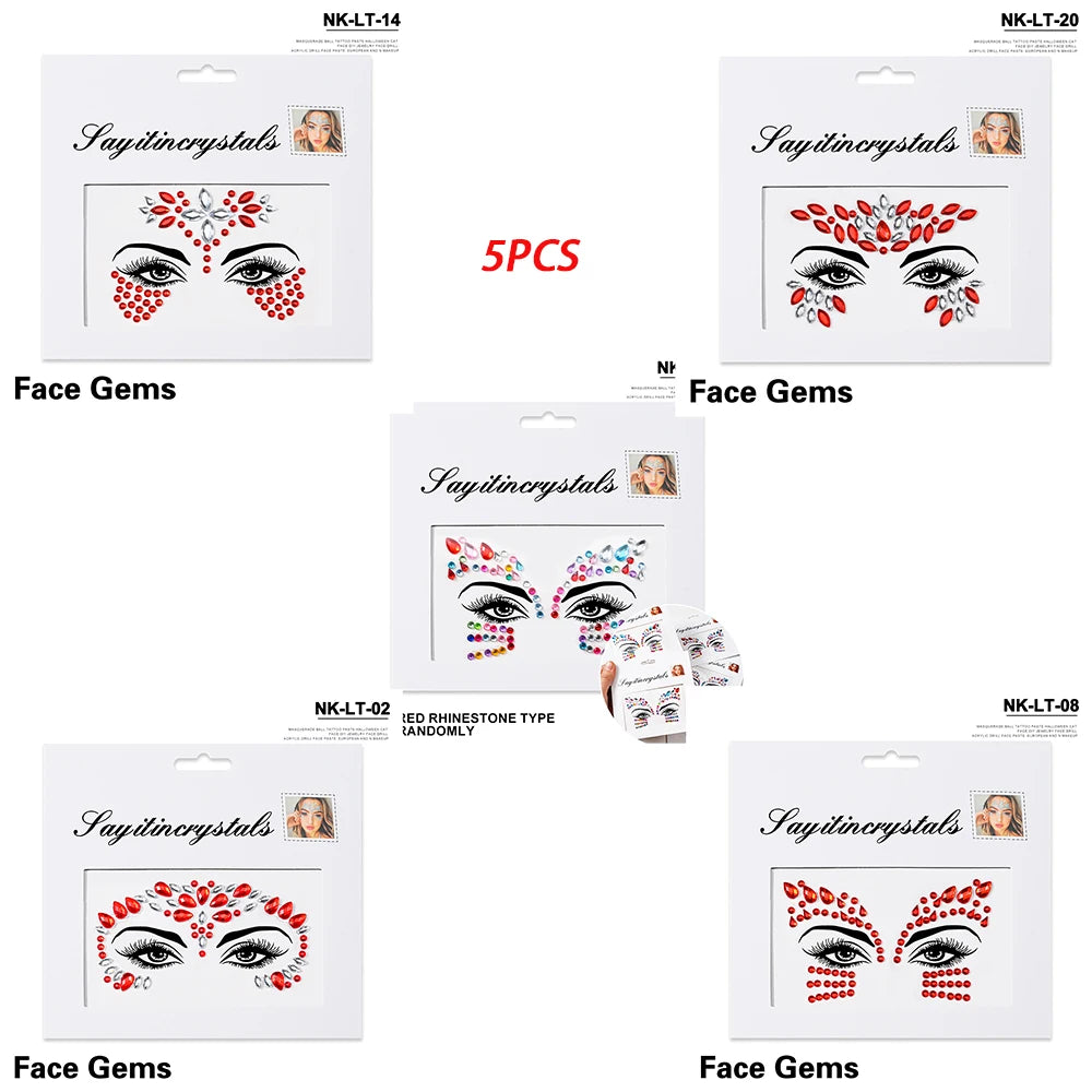 5Pc Diamond Face Stickers For Child Mixed Style Colorful Glitter Crystal Face Decal 3D Self-Adhesive Face Rhinestones Small Size