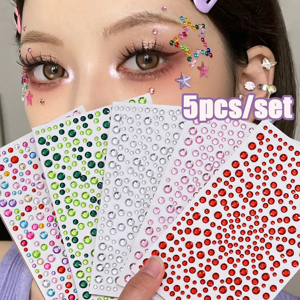 5Pc Diamond Face Stickers For Child Mixed Style Colorful Glitter Crystal Face Decal 3D Self-Adhesive Face Rhinestones Small Size