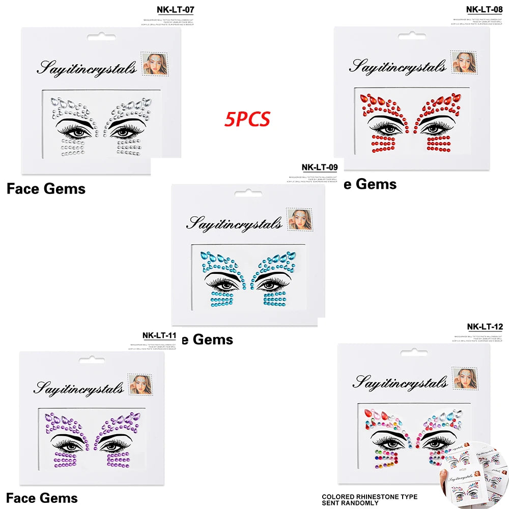 5Pc Diamond Face Stickers For Child Mixed Style Colorful Glitter Crystal Face Decal 3D Self-Adhesive Face Rhinestones Small Size