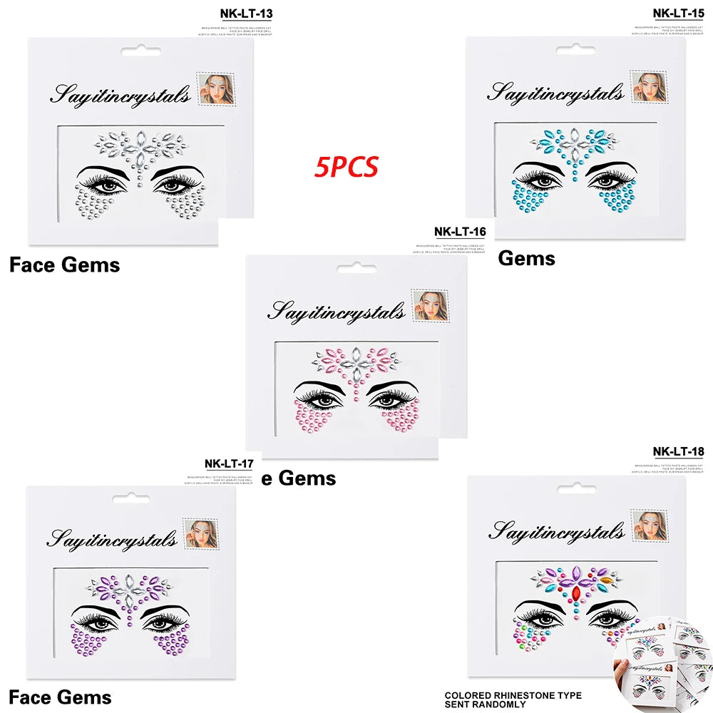 5Pc Diamond Face Stickers For Child Mixed Style Colorful Glitter Crystal Face Decal 3D Self-Adhesive Face Rhinestones Small Size