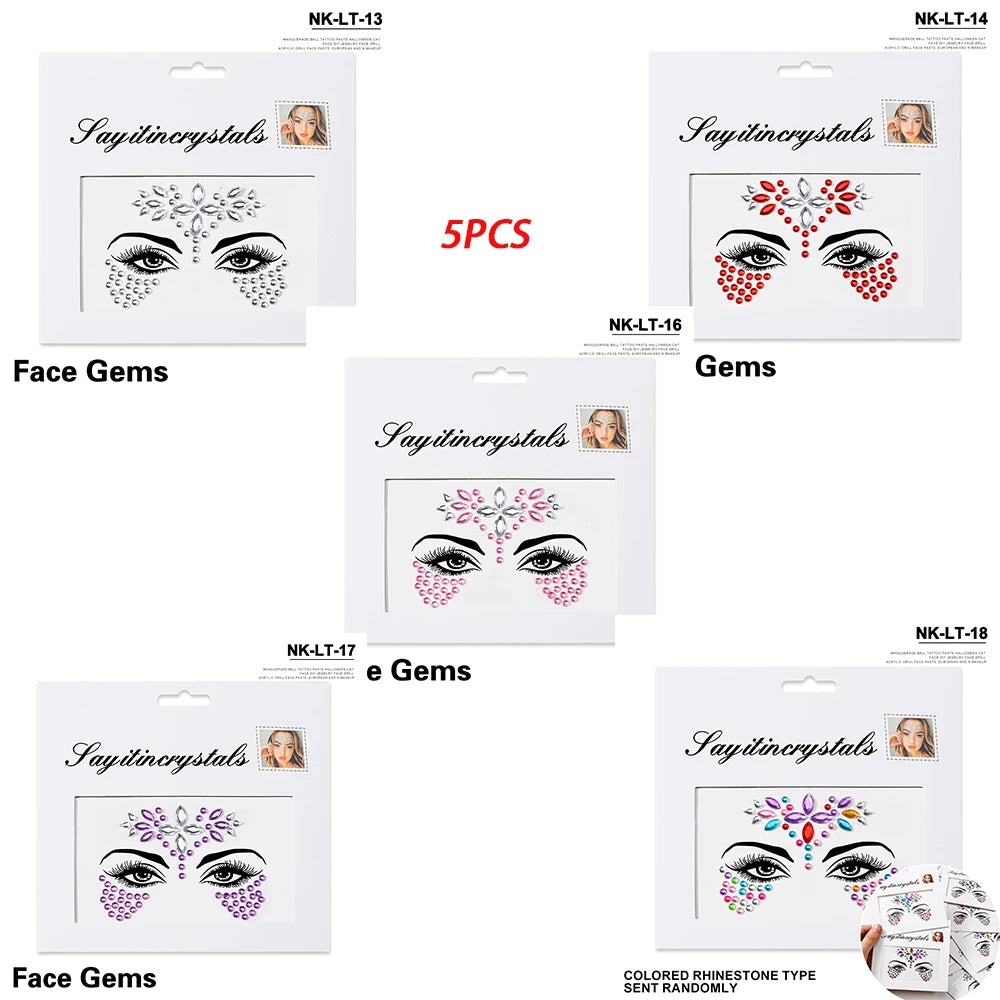 5Pc Diamond Face Stickers For Child Mixed Style Colorful Glitter Crystal Face Decal 3D Self-Adhesive Face Rhinestones Small Size
