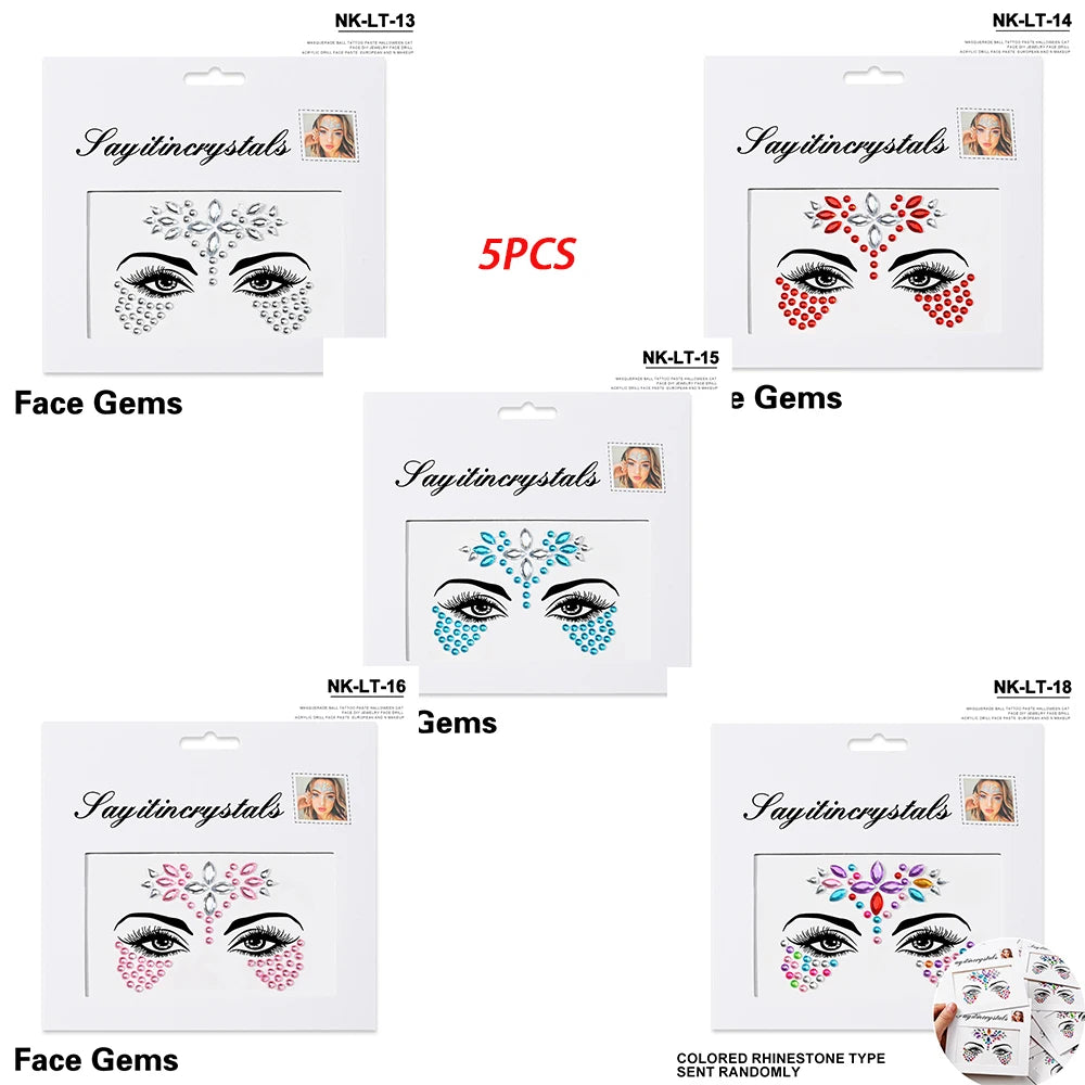 5Pc Diamond Face Stickers For Child Mixed Style Colorful Glitter Crystal Face Decal 3D Self-Adhesive Face Rhinestones Small Size