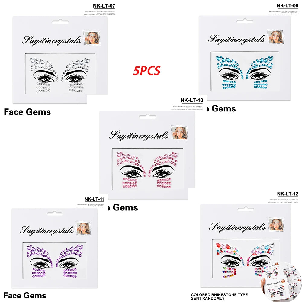 5Pc Diamond Face Stickers For Child Mixed Style Colorful Glitter Crystal Face Decal 3D Self-Adhesive Face Rhinestones Small Size
