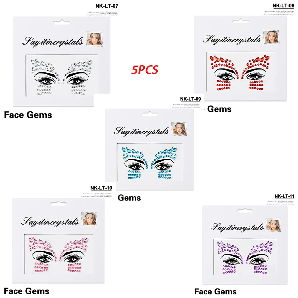 5Pc Diamond Face Stickers For Child Mixed Style Colorful Glitter Crystal Face Decal 3D Self-Adhesive Face Rhinestones Small Size