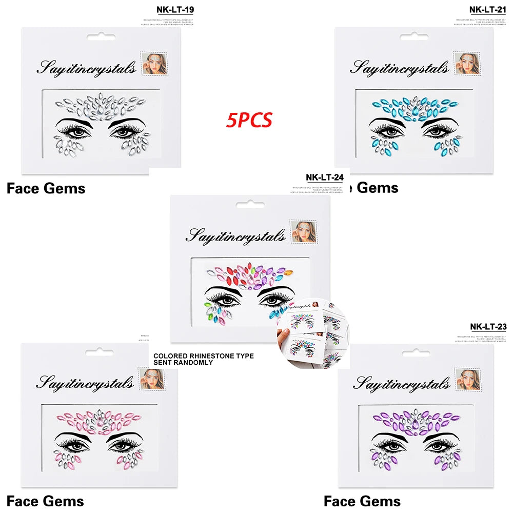 5Pc Diamond Face Stickers For Child Mixed Style Colorful Glitter Crystal Face Decal 3D Self-Adhesive Face Rhinestones Small Size