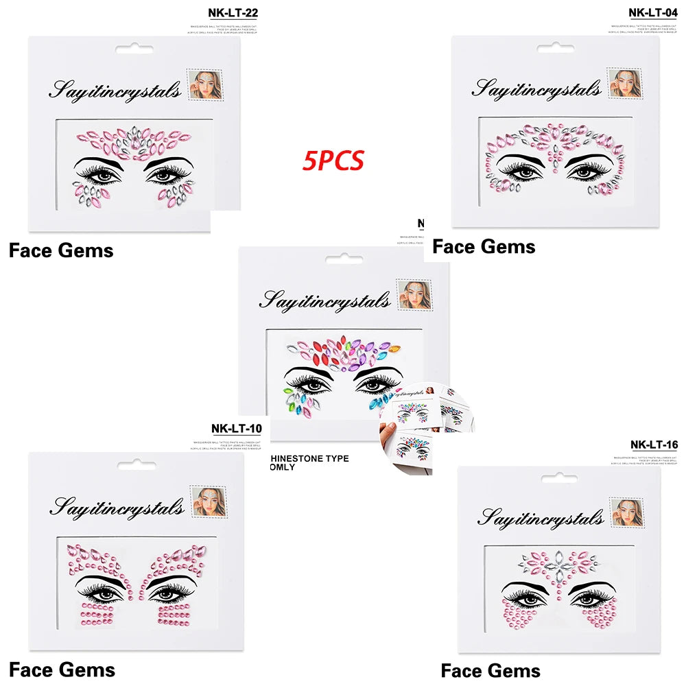 5Pc Diamond Face Stickers For Child Mixed Style Colorful Glitter Crystal Face Decal 3D Self-Adhesive Face Rhinestones Small Size