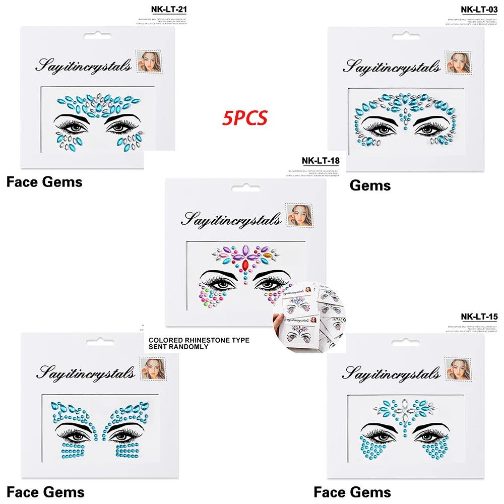 5Pc Diamond Face Stickers For Child Mixed Style Colorful Glitter Crystal Face Decal 3D Self-Adhesive Face Rhinestones Small Size