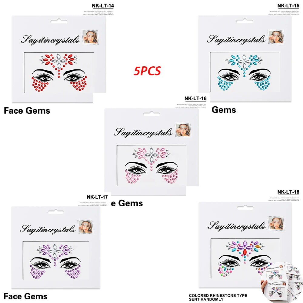 5Pc Diamond Face Stickers For Child Mixed Style Colorful Glitter Crystal Face Decal 3D Self-Adhesive Face Rhinestones Small Size