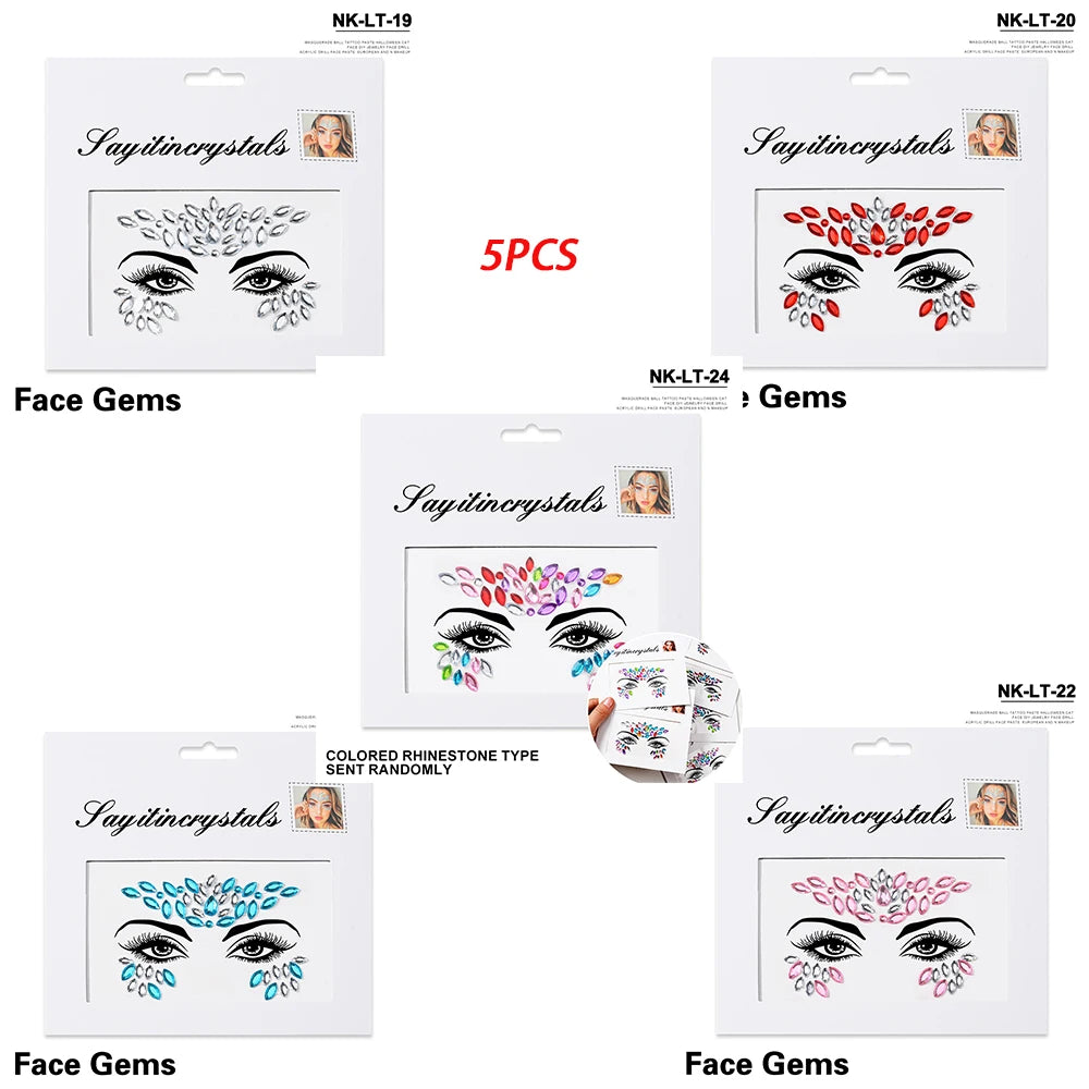 5Pc Diamond Face Stickers For Child Mixed Style Colorful Glitter Crystal Face Decal 3D Self-Adhesive Face Rhinestones Small Size