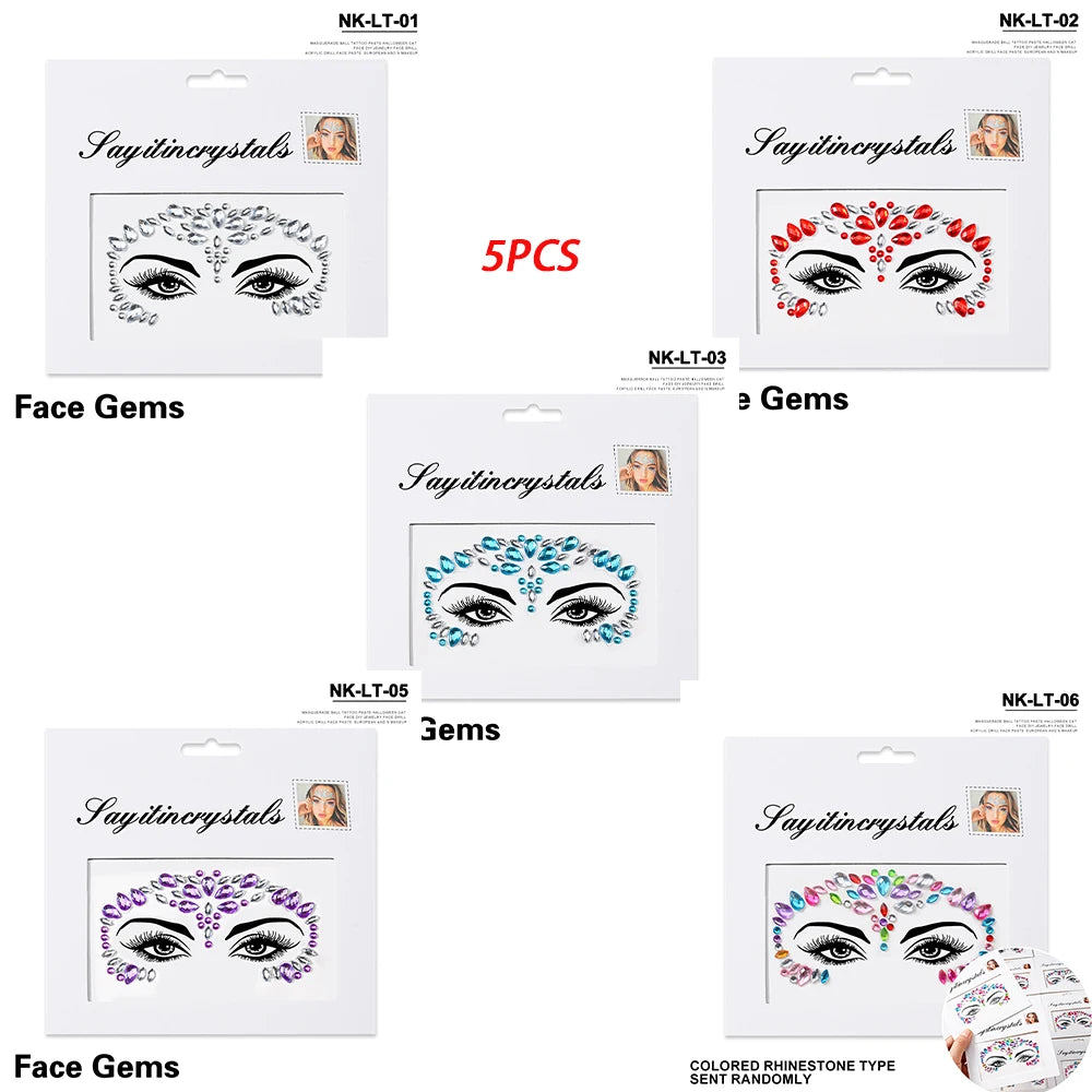 5Pc Diamond Face Stickers For Child Mixed Style Colorful Glitter Crystal Face Decal 3D Self-Adhesive Face Rhinestones Small Size