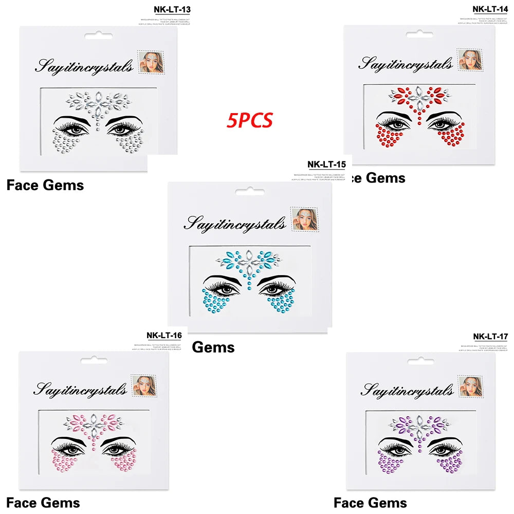 5Pc Diamond Face Stickers For Child Mixed Style Colorful Glitter Crystal Face Decal 3D Self-Adhesive Face Rhinestones Small Size
