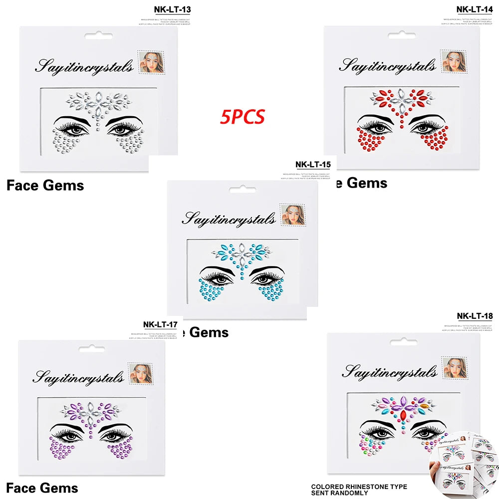5Pc Diamond Face Stickers For Child Mixed Style Colorful Glitter Crystal Face Decal 3D Self-Adhesive Face Rhinestones Small Size