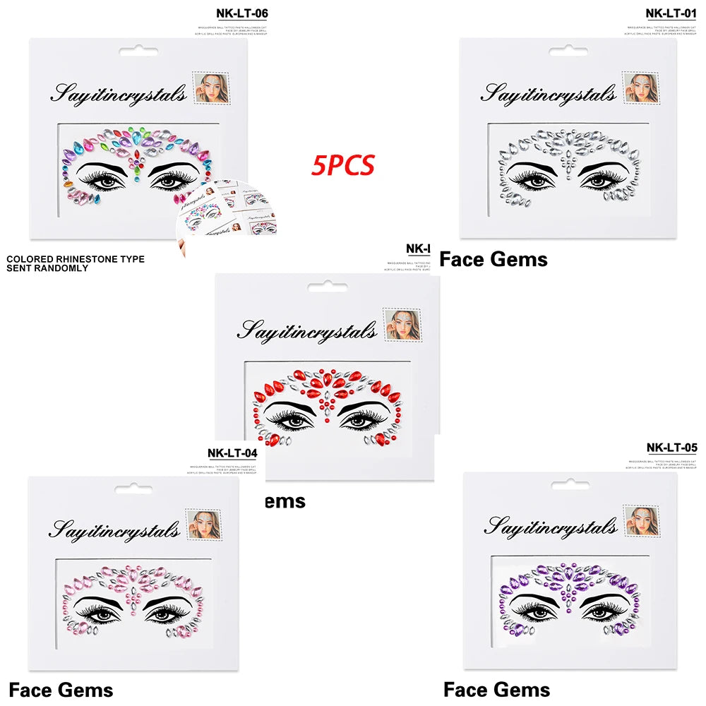 5Pc Diamond Face Stickers For Child Mixed Style Colorful Glitter Crystal Face Decal 3D Self-Adhesive Face Rhinestones Small Size