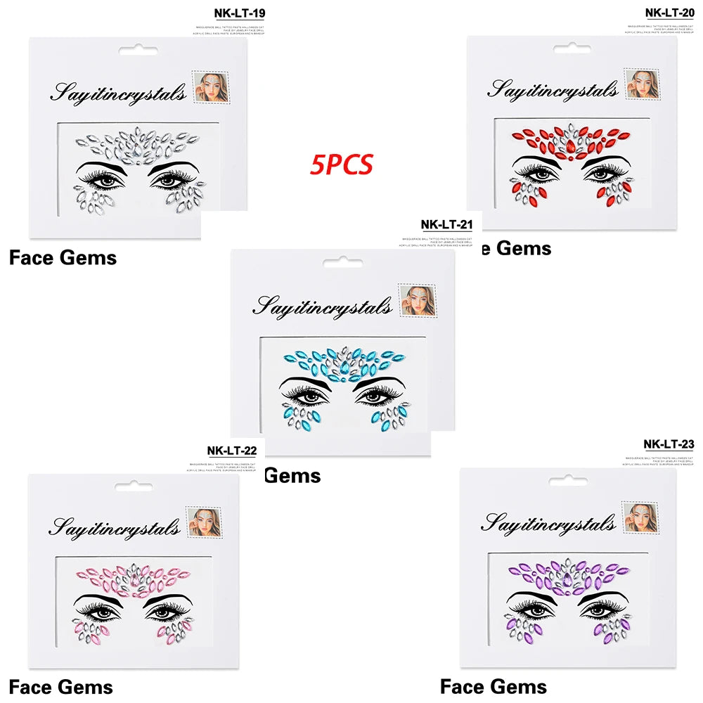 5Pc Diamond Face Stickers For Child Mixed Style Colorful Glitter Crystal Face Decal 3D Self-Adhesive Face Rhinestones Small Size