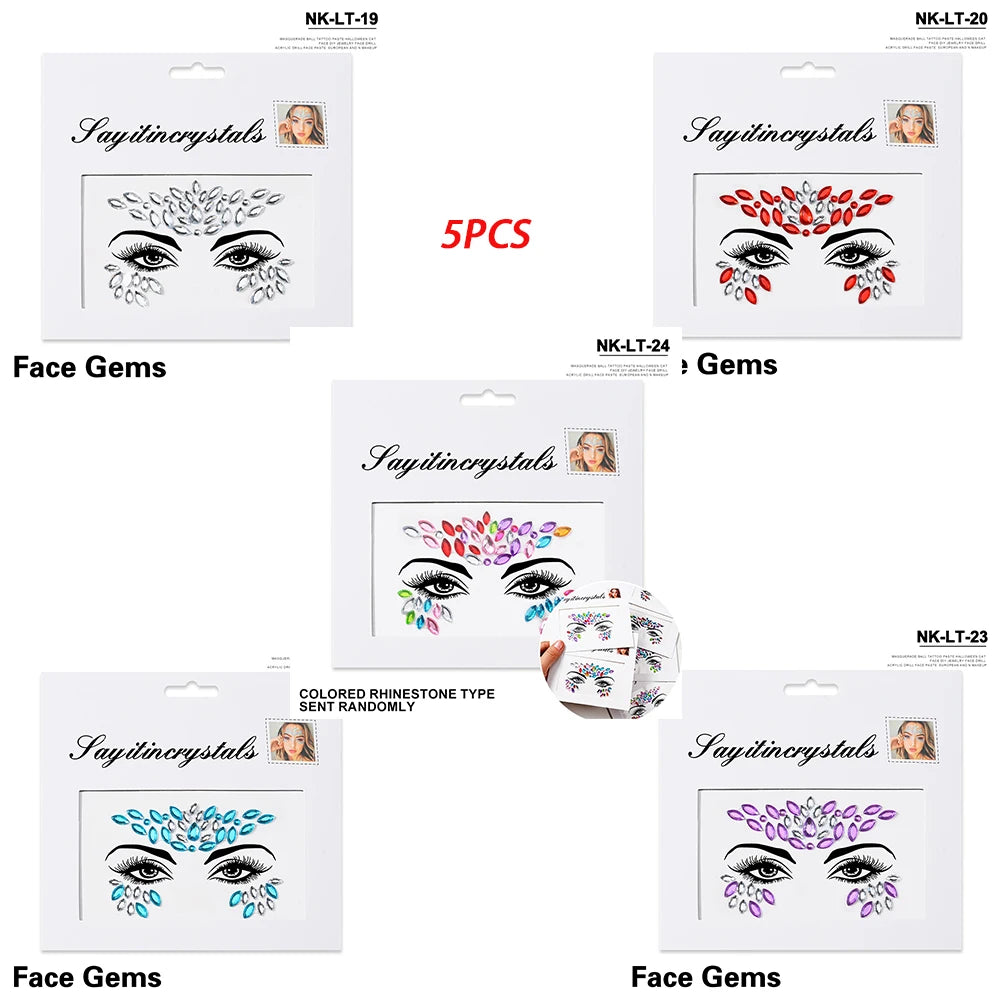 5Pc Diamond Face Stickers For Child Mixed Style Colorful Glitter Crystal Face Decal 3D Self-Adhesive Face Rhinestones Small Size
