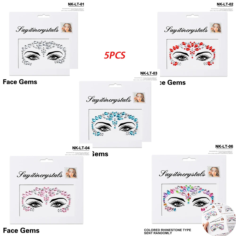 5Pc Diamond Face Stickers For Child Mixed Style Colorful Glitter Crystal Face Decal 3D Self-Adhesive Face Rhinestones Small Size