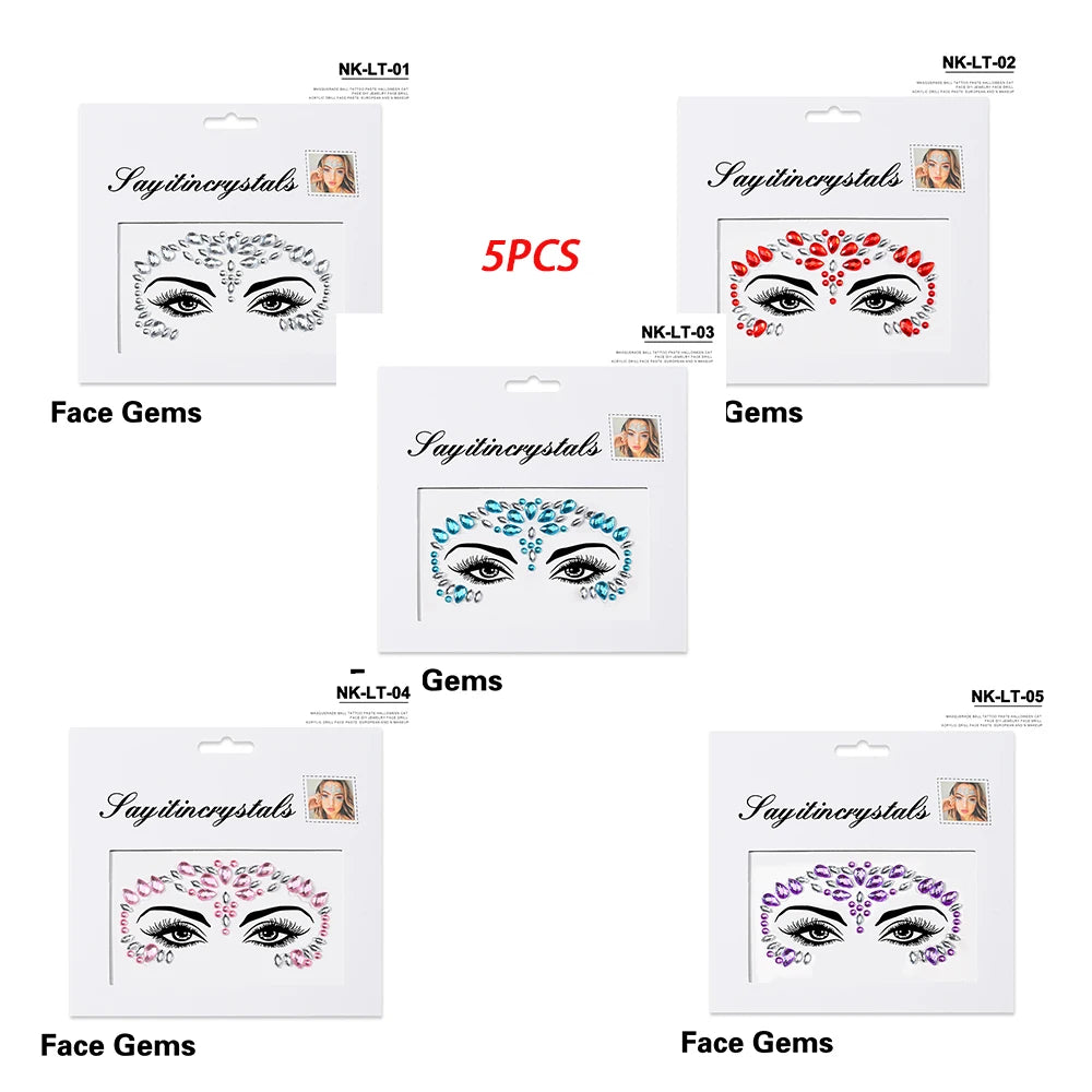 5Pc Diamond Face Stickers For Child Mixed Style Colorful Glitter Crystal Face Decal 3D Self-Adhesive Face Rhinestones Small Size