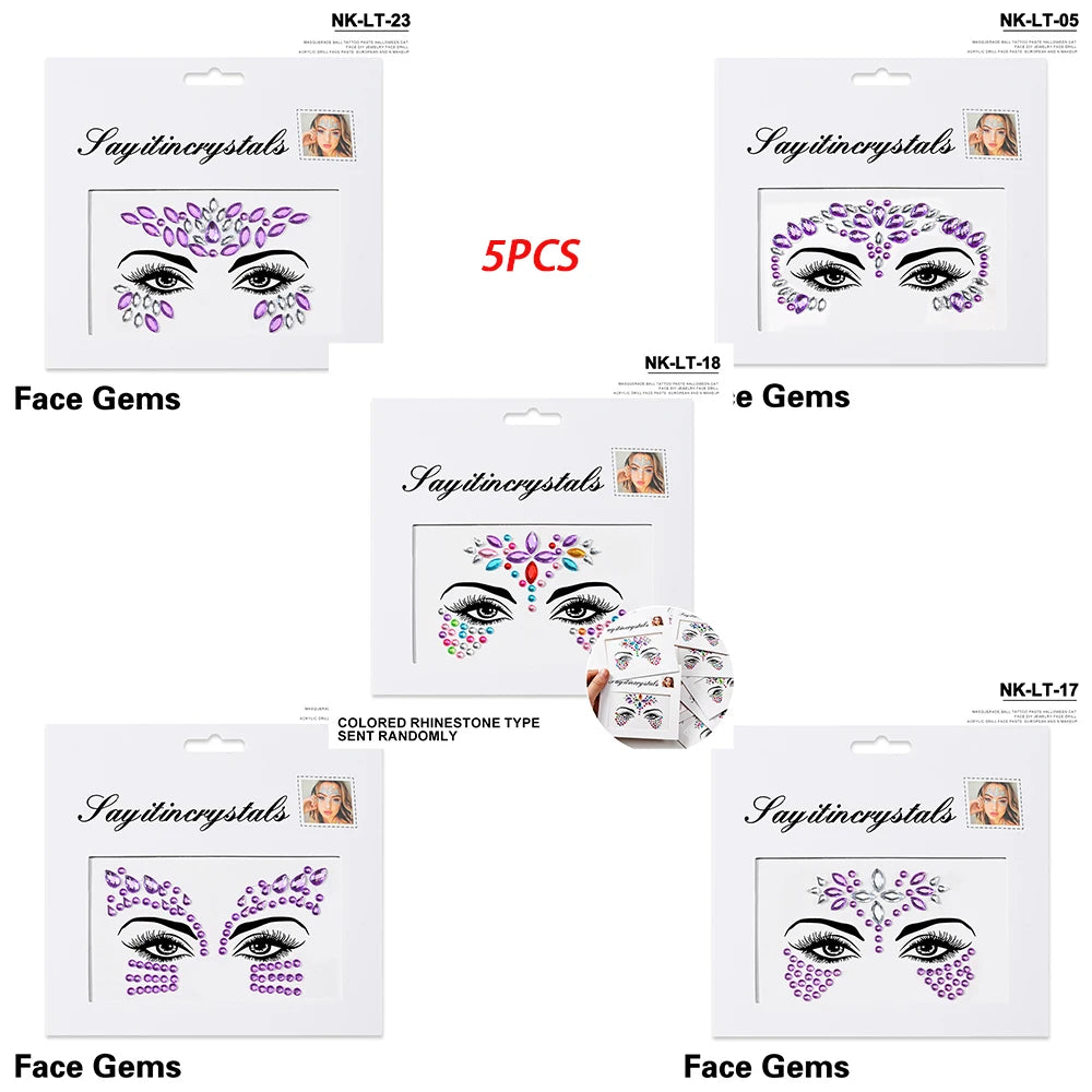 5Pc Diamond Face Stickers For Child Mixed Style Colorful Glitter Crystal Face Decal 3D Self-Adhesive Face Rhinestones Small Size